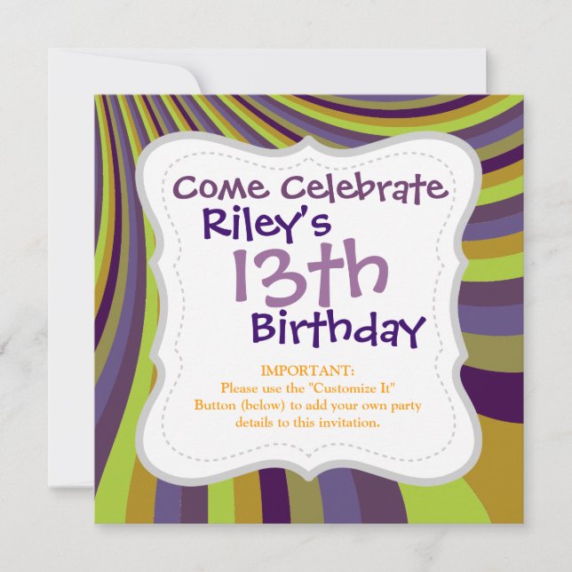 Groovy Purple and Green Rainbow Slide Stripes Patt Invitation (Front)