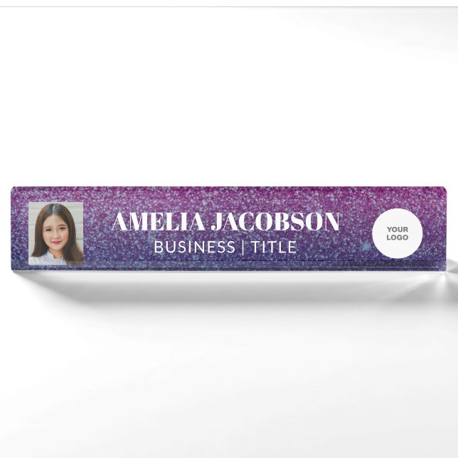 Groovy Purple Glitter Custom Photo and Logo Nameplate (Front)