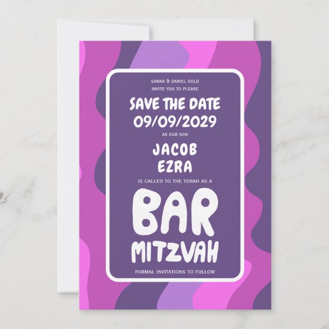 Groovy Purple Waves Custom Bat Bar Bnai Mitzvah Save The Date (Front)