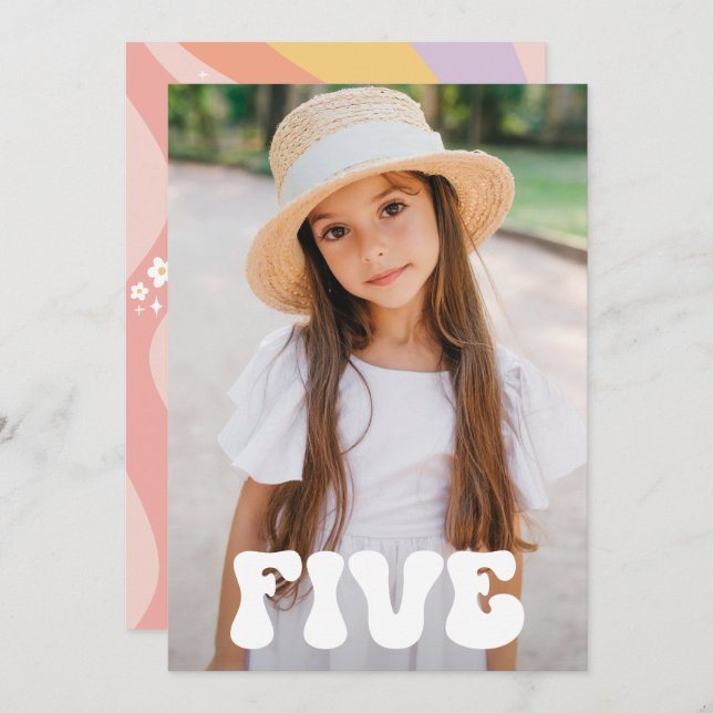 groovy rainbow 5 is a vibe 60's retro daisy photo invitation (Front/Back)