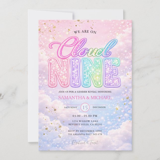 Groovy Rainbow Cloud Nine Glitter Gender Reveal  Invitation (Front)