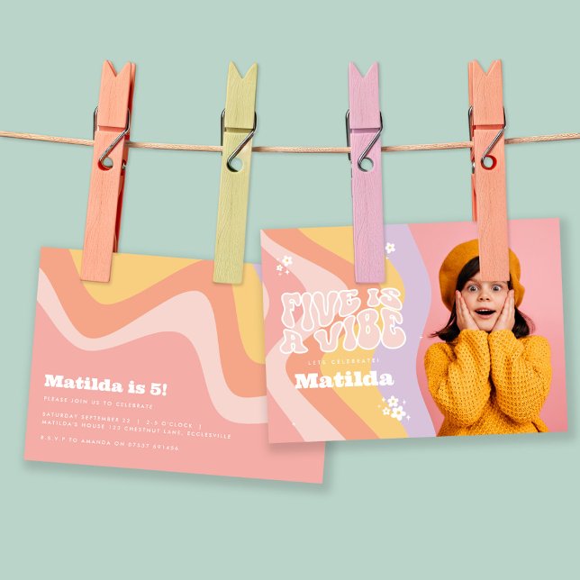 groovy rainbow five is a vibe 60's daisy photo invitation (Creator Uploaded)