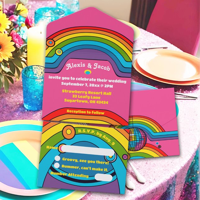 Groovy Rainbow Retro 70's Wedding Colourful Funky All In One Invitation (Groovy rainbow 70's themed wedding invitations with detachable RSVP postcard, bright retro colors!)