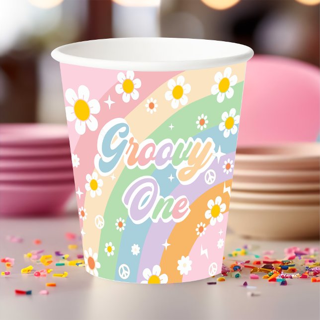 Groovy Rainbow Retro Daisy Birthday Party  Paper Cups (Creator Uploaded)