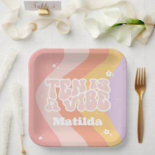 groovy rainbow ten is a vibe 60's retro daisy cool paper plate