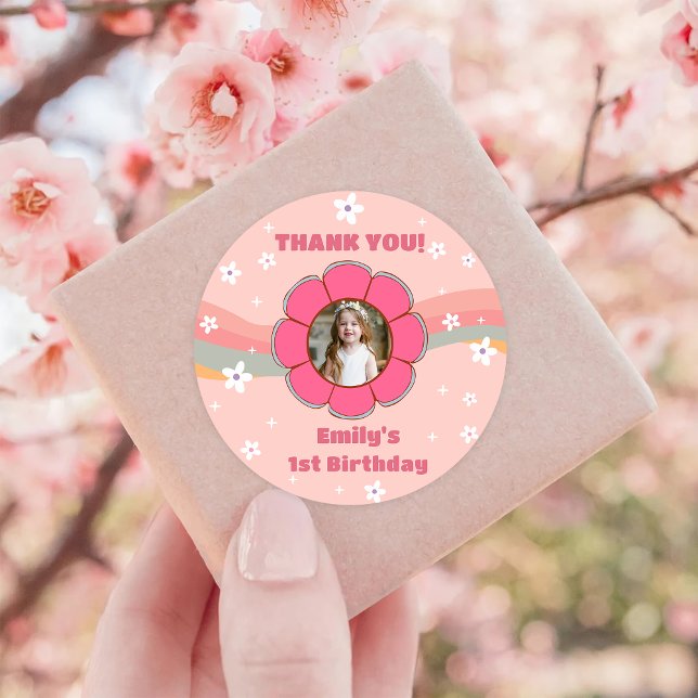 Groovy Rainbow Thank You Birthday Party Classic Round Sticker (Creator Uploaded)