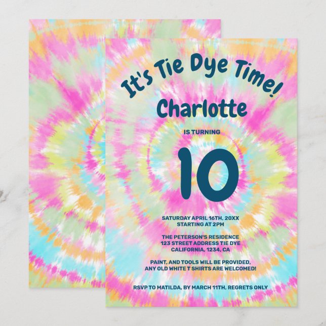 Groovy rainbow tie dye 10th kids birthday party invitation (Front/Back)