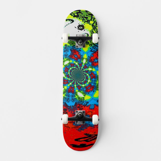 Groovy Red Blue Yellow Abstract Spiral Art Skateboard (Front)