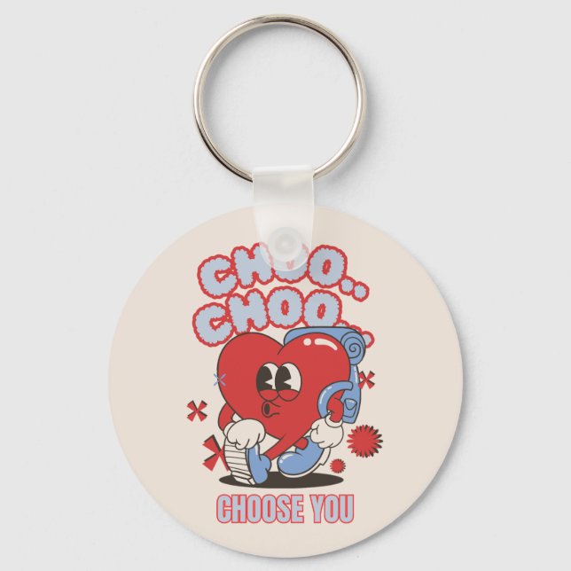 Groovy Red Heart Choo Choo Choose You Valentines  Keychain (Front)