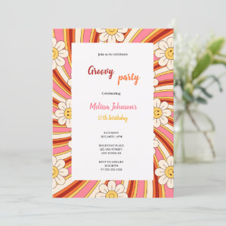 groovy red,orange,pink,yellow birthday with flower invitation