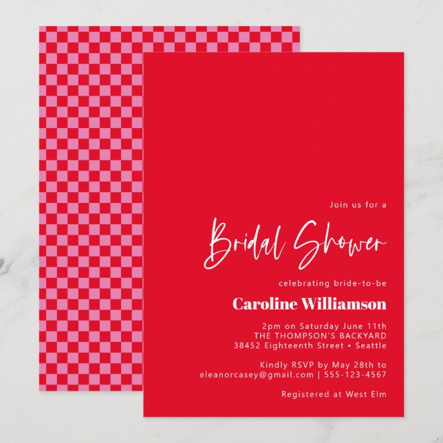 Groovy Red Pink Retro Chequerboard Bridal Shower Invitation (Front/Back)