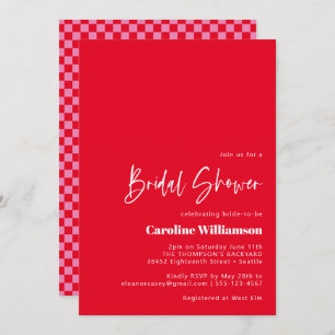 Groovy Red Pink Retro Chequerboard Bridal Shower Invitation
