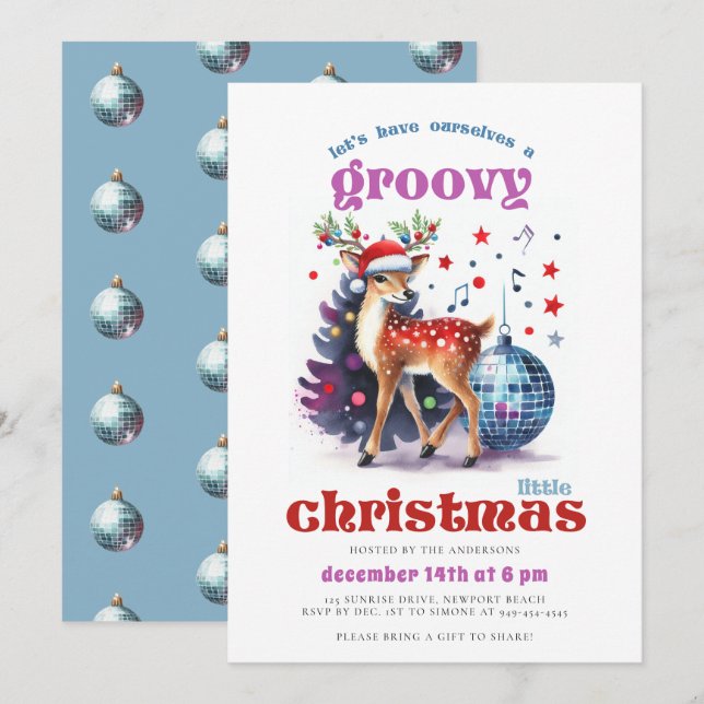 Groovy Reindeer Disco Ball Funny Christmas Party Invitation (Front/Back)