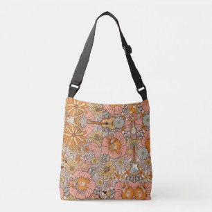 Groovy Retro 1960 Orange White Rabbit Guitar Daisy Crossbody Bag
