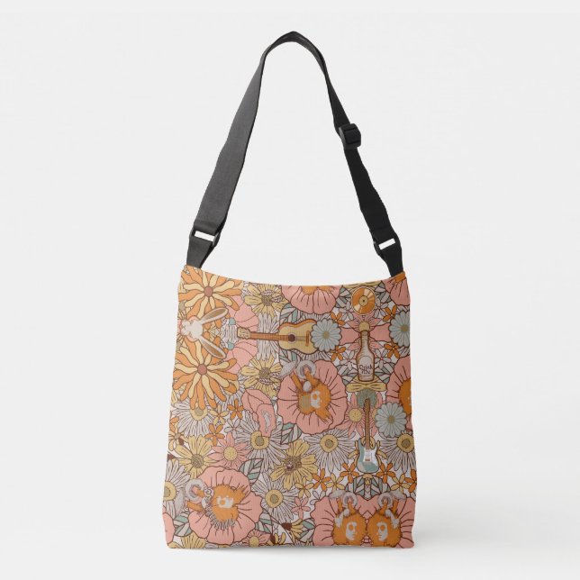 Groovy Retro 1960 Orange White Rabbit Guitar Daisy Crossbody Bag (Front)