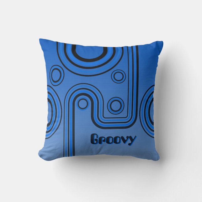 Groovy Retro 1960s Linear Design Blue and Black Throw Pillow (Front)