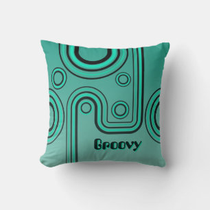 Groovy Retro 1960s Linear Design Turquoise Black Throw Pillow