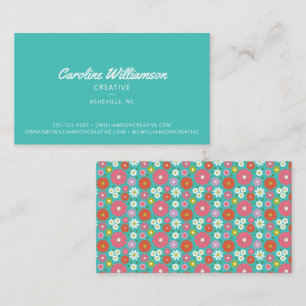Groovy Retro 50s Kitsch Turquoise Blue Flowers Business Card