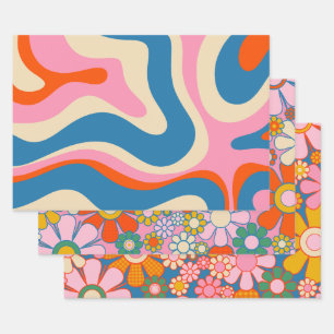 Groovy Retro 60s 70s Floral and Abstract Patterns Wrapping Paper Sheet