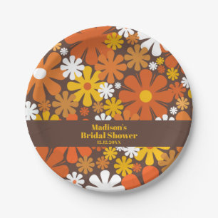 Groovy Retro 60s 70s Flower Pattern Brown Orange Paper Plate