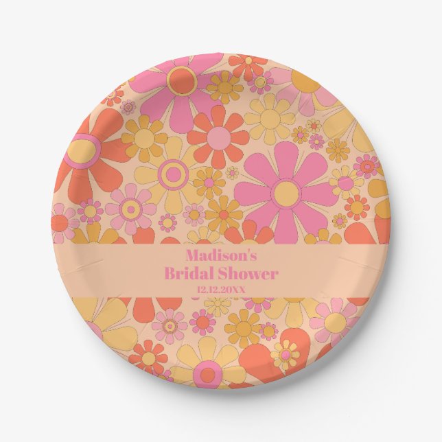 Groovy Retro 60s 70s Flowers Pink and Yellow Paper Plate (Front)