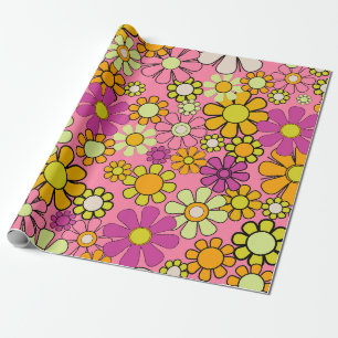 Groovy Retro 60s 70s Hippie Pink Floral Pattern Wrapping Paper