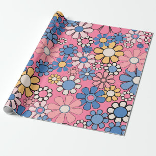 Groovy Retro 60s 70s Pretty Pink Floral Pattern Wrapping Paper