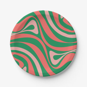 Groovy Retro 60s 70s Swirls in Pink and Green  Paper Plate