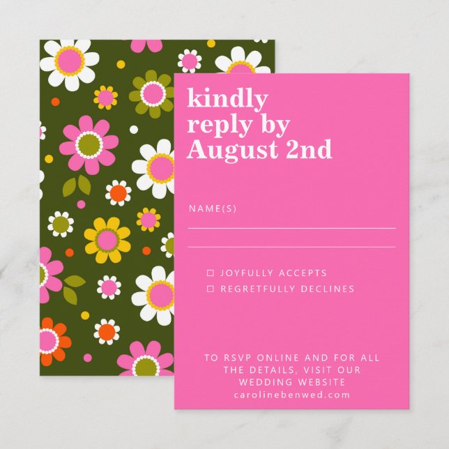 Groovy Retro 60s Flowers Bright Pink Green Wedding RSVP Card (Front/Back)