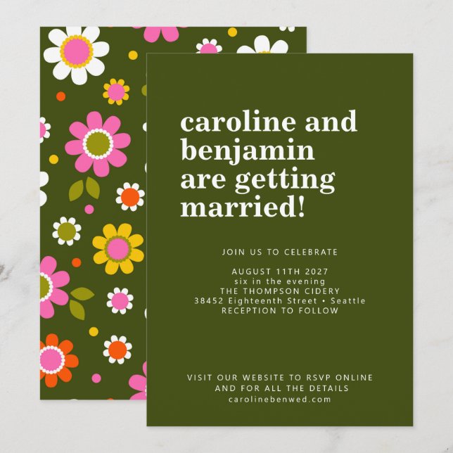 Groovy Retro 60s Flowers Dark Green Bold Wedding Invitation (Front/Back)