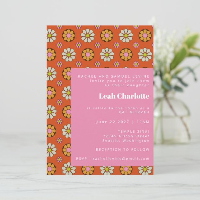 Groovy Retro 60s Flowers Orange Pink Bat Mitzvah Invitation (Standing Front)