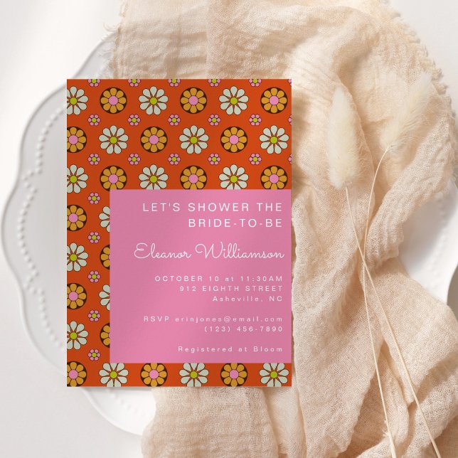 Groovy Retro 60s Flowers Orange Pink Bridal Shower Invitation (Creator Uploaded)
