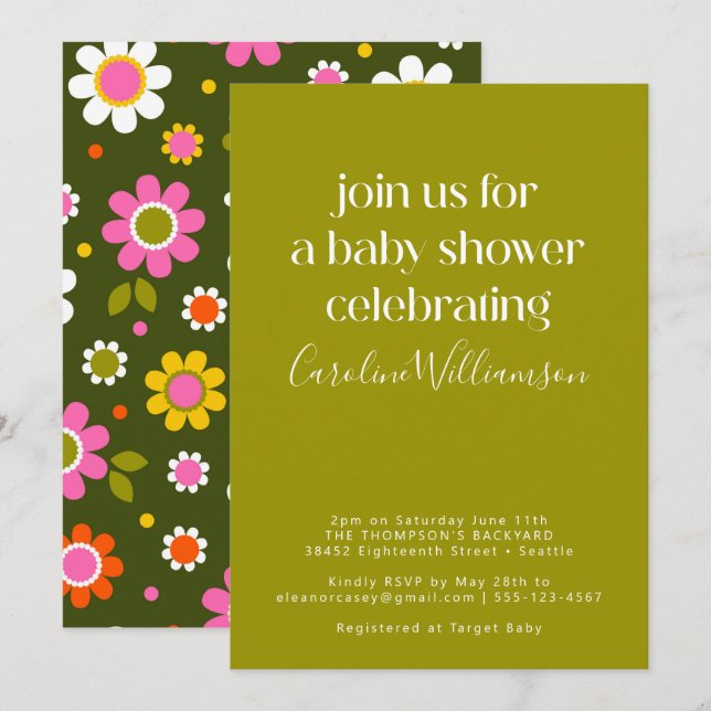 Groovy Retro 60s Flowers Pink Green Baby Shower Invitation (Front/Back)