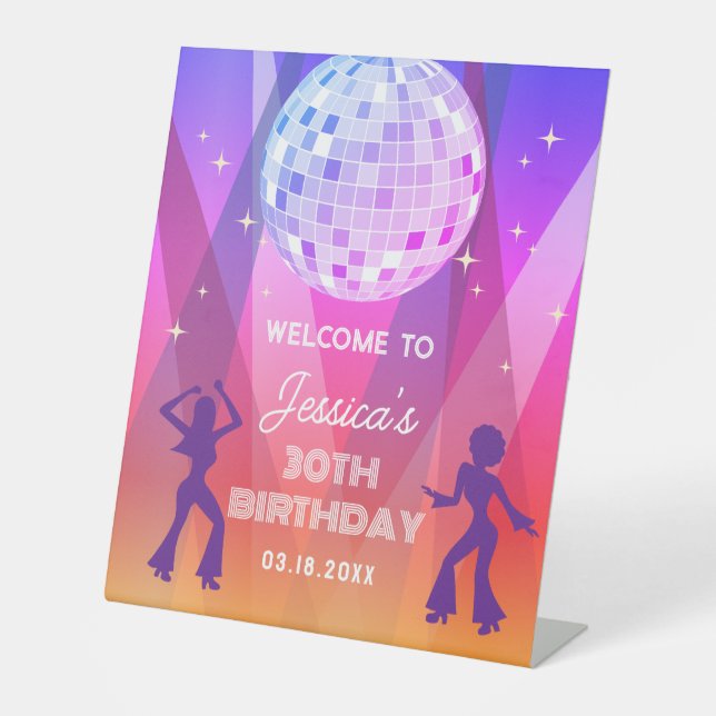 Groovy Retro 70s 80s Disco 30th Birthday Welcome Pedestal Sign (Front)