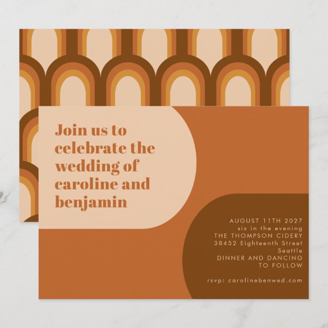 Groovy Retro 70s Arch Shape Tan Terracotta Wedding Invitation (Front/Back)