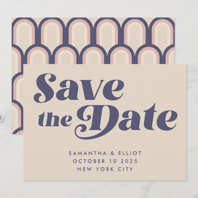 Groovy Retro 70s Beige Navy Blue Simple Save The Date (Front/Back)