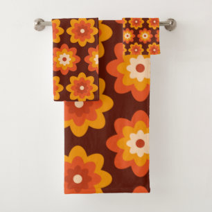 Groovy retro 70s boho hippie orange flower pattern bath towel set