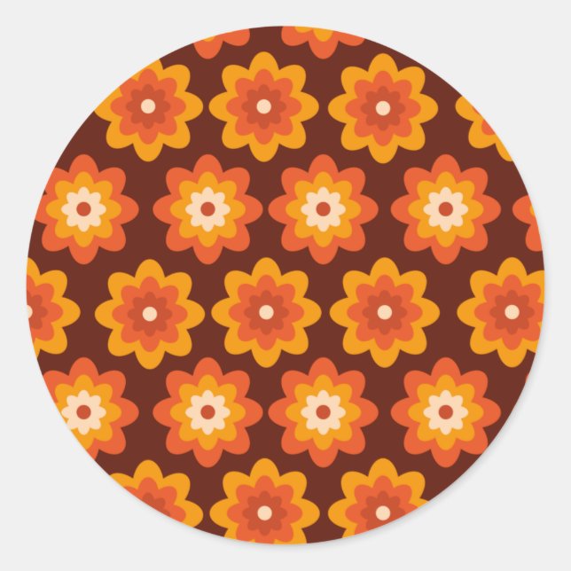 Groovy retro 70s boho hippie orange flower pattern classic round sticker (Front)