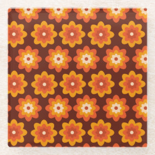 Groovy retro 70s boho hippie orange flower pattern glass coaster