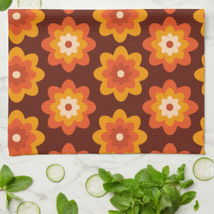 Groovy retro 70s boho hippie orange flower pattern kitchen towel