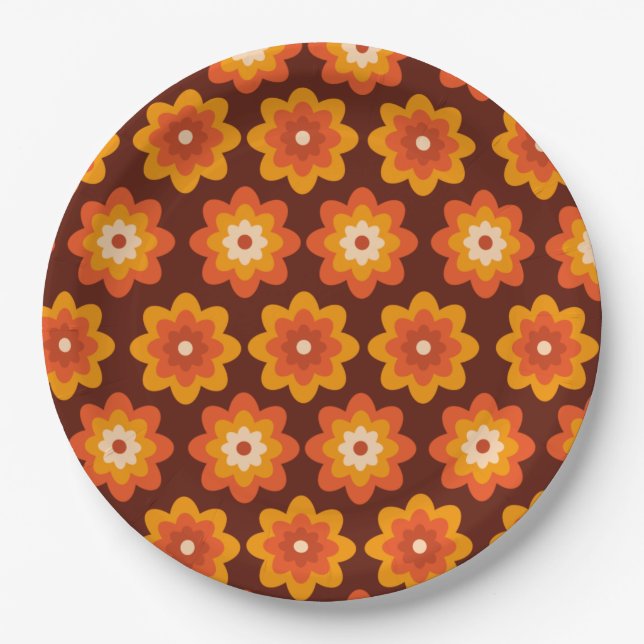 Groovy retro 70s boho hippie orange flower pattern paper plate (Front)