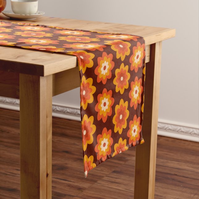 Groovy Retro 70s Boho Hippie Orange Flower pattern Short Table Runner (In Situ)