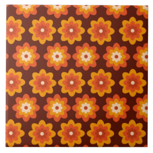 Groovy retro 70s boho hippie orange flower pattern tile