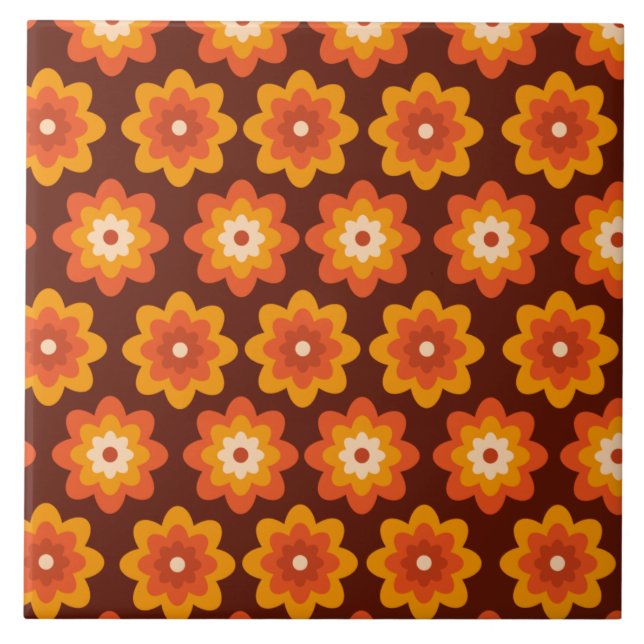 Groovy retro 70s boho hippie orange flower pattern tile (Front)