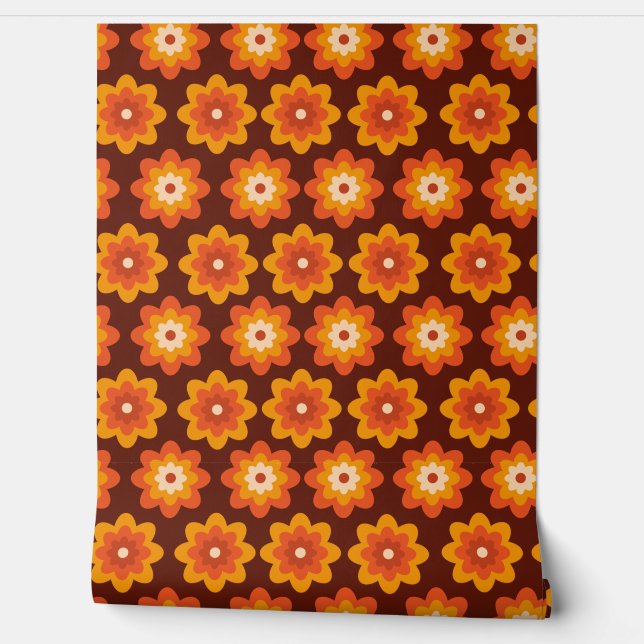 Groovy Retro 70s Boho Hippie Orange Flower pattern Wallpaper (Unrolling)