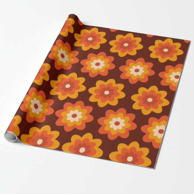Groovy retro 70s boho hippie orange flower pattern wrapping paper (Unrolled)