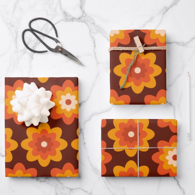 Groovy retro 70s boho hippie orange flower pattern wrapping paper sheet (Front)