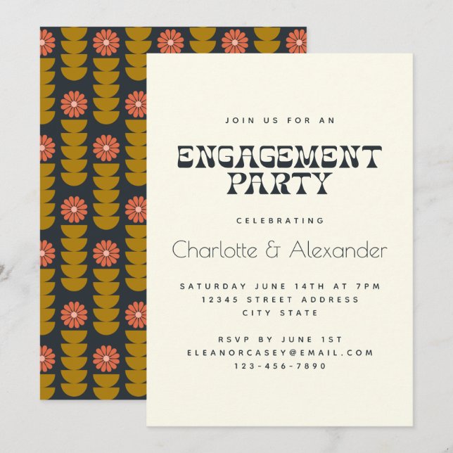 Groovy Retro 70s Botanical Engagement Party  Invitation (Front/Back)