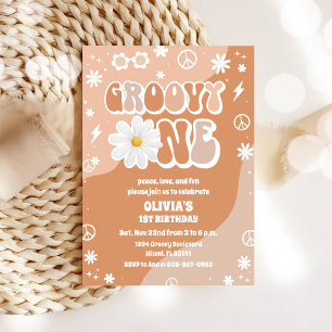 Groovy Retro 70s Daisy First Birthday Invitation
