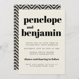 Groovy Retro 70s Design Black All-in-One Wedding Invitation